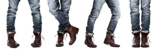 Brown Leather Boots with Denim Jeans on White Background.