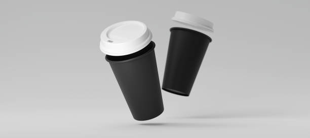 istock Two Minimalist black Blank Paper Coffee Cup with open lid floating above white background. Takeaway paper coffee cup fly, 3d render illustration 2185628750