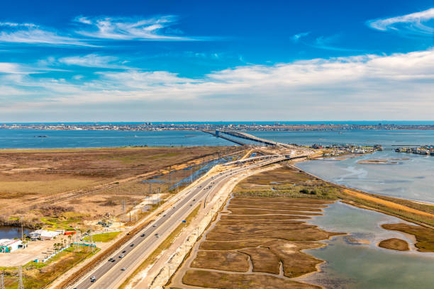 Interstate 45, known as the Galveston Causeway crossing Galveston Bay located south of Houston, Texas shot via helicopter from an altitude of about 800 feet.
