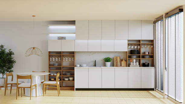 istock Kitchen with white cabinets and a white countertop. The kitchen is very clean and organized- 3D rendering 2185649411