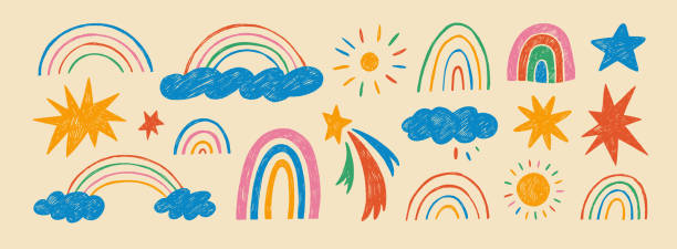 istock Funky naive doodle clouds, rainbows and star in colorful kid's style. Crayon drawn doodle shapes and figures. 2185654438