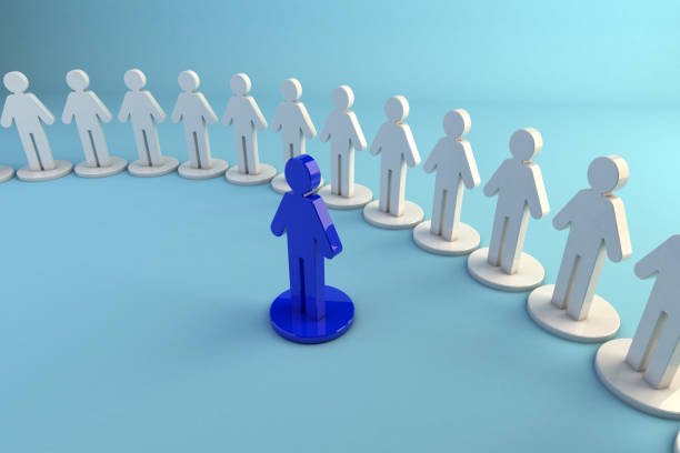 istock Person standing out in a group, representing leadership and protagonism in the workplace. Ideal for themes of leadership, influence and prominence in teams. 3D illustration 2185656561