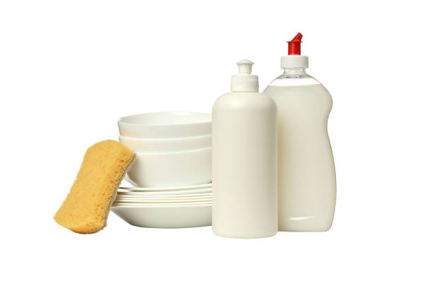 PNG,Detergent with sponge and dishes, isolated on white background
