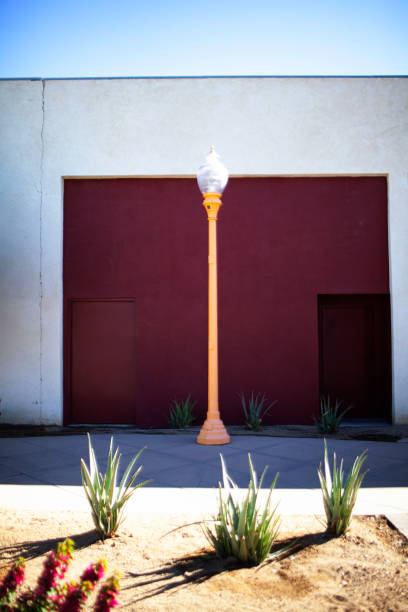 istock Single streetlamp against a red and white wall with desert plants. 2185663361