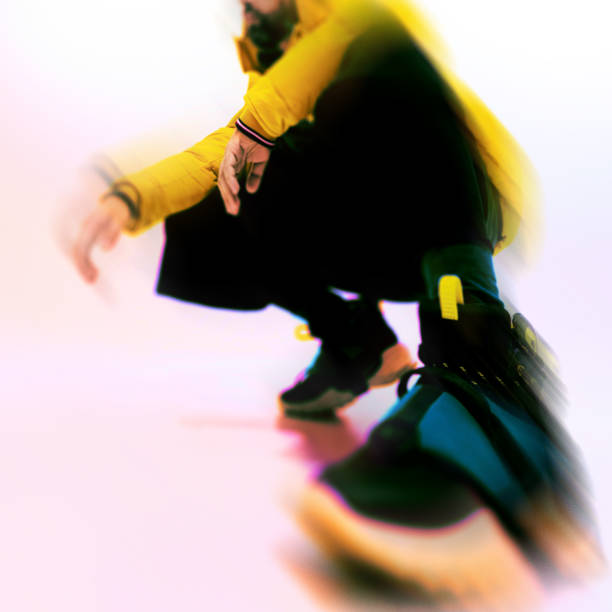 Contemporary art collage. Man crouching in dynamic pose, wearing yellow jacket and black shoes. Neon glow and motion blur effect.