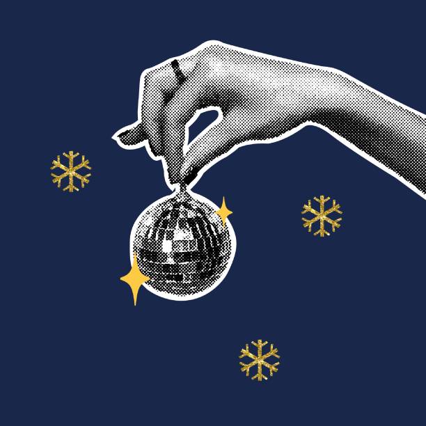 Trendy christmas halftone collage. There is a mirrored disco ball in her hand. Halftone collage with gold glitter texture for cards, posters, templates. Vector illustration