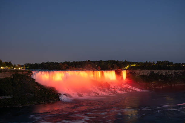 Night view of Niagara Falls with lights.