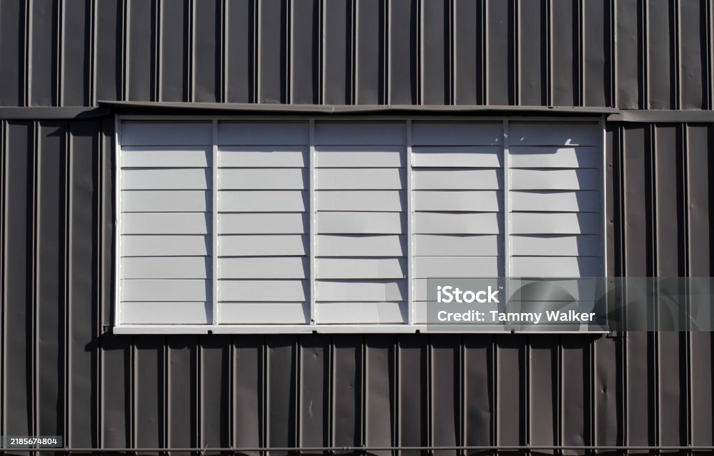 Rectangularb Window Rectangular Window With White Louvers Louvres On A Gray Grey Corrugated ...