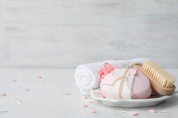 istock Concept of bath and skin care accessories - soap 2185676236
