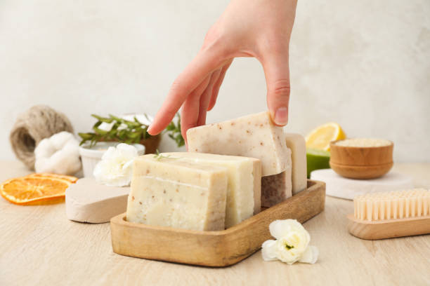 istock Natural handmade soap with ingredients, on a light background. 2185677032