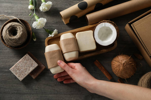 istock Natural handmade soap with ingredients, on a dark background. 2185677117
