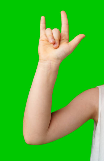 A hand gesturing the sign language symbol for love against a bright green background