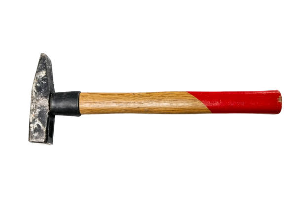 A sturdy hammer with a wooden handle, partially painted red, and a metal head. Ideal for craftsmen, it is used for repairing and building various items. The hammer is perfect for woodworking and general construction.