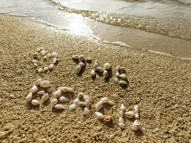 Shell “Love the Beach” Sculpture. Tropical island, Dhaalu\nAtoll, Maldives