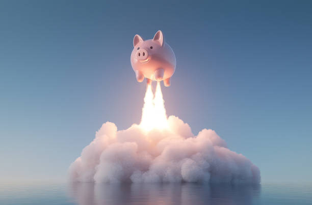 Rocket-Powered Savings: A Symbol of Financial Growth A creative 3D illustration of a piggy bank launching into the sky, representing investment success and rapid financial progress. super fast stock pictures, royalty-free photos & images