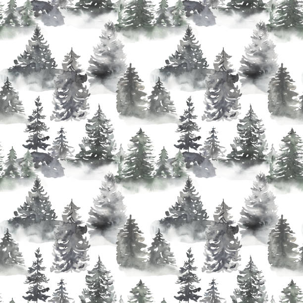 istock Watercolor hand drawn snowy forest trees seamless pattern,  gray color landscape repeat paper 2185690526