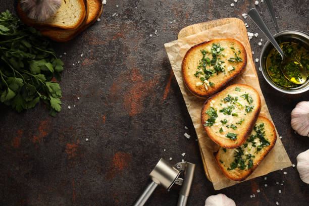 Tasty toasts with garlic, homemade products appetizer