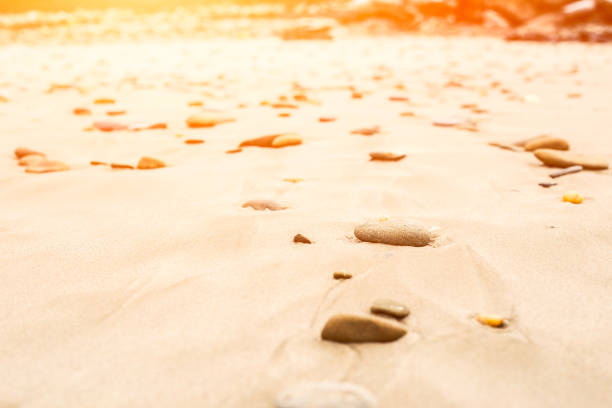 Small rocks scattered on beach sand close up.Shallow depth of field.Selective focus on foreground rocks.Blurred background of multicolor stones of different shapes and sizes,ocean waves,overcast sky