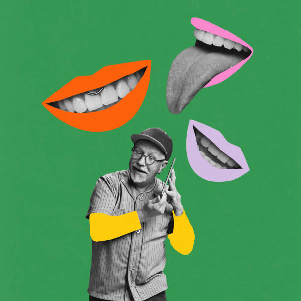 istock Playful elderly man using tablet for communication, surrounded by floating colorful mouths on a green background. Contemporary art collage. 2185696737