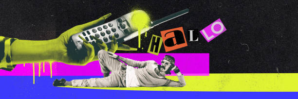 istock Large retro mobile phone and lounging man, with vibrant text elements and colorful backdrop. Contemporary art collage. 2185698100