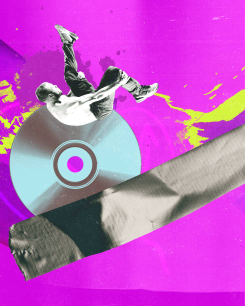 istock Breakdancer performs stunt on large CD, with background full of vibrant colors and abstract patterns. Contemporary art collage. 2185698129