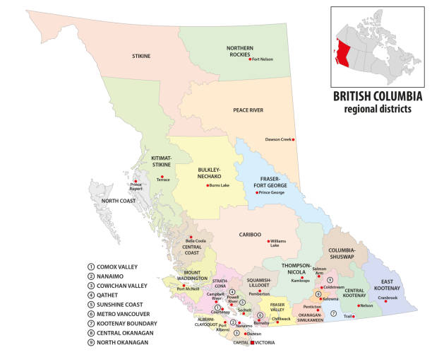 ilustraciones, imágenes clip art, dibujos animados e iconos de stock de mapa vectorial administrativo de la provincia canadiense de columbia británica - columbia británica