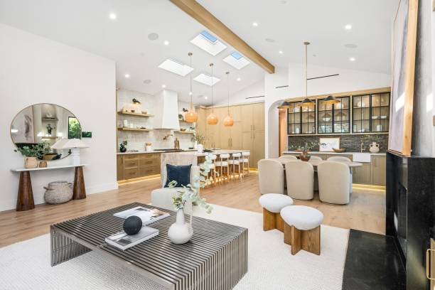 Modern open-concept living room and kitchen with elegant decor and natural light from skylights.