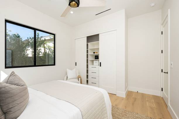 istock Modern minimalist bedroom with neutral tones. 2185699280