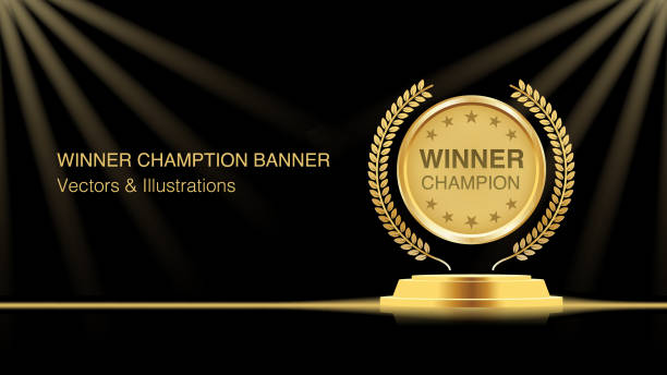 Champion Winner: Award and Winning Celebration Web Banner, First Place Podium, and Golden Prize Ceremony. Vector Illustration