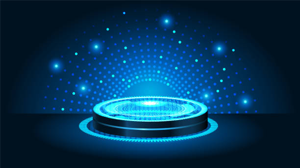 istock 3D Glowing Blue Neon Light Background with Cylinder Pedestal for Product Display. Abstract Minimal Wall Scene Mockup. 2185701007
