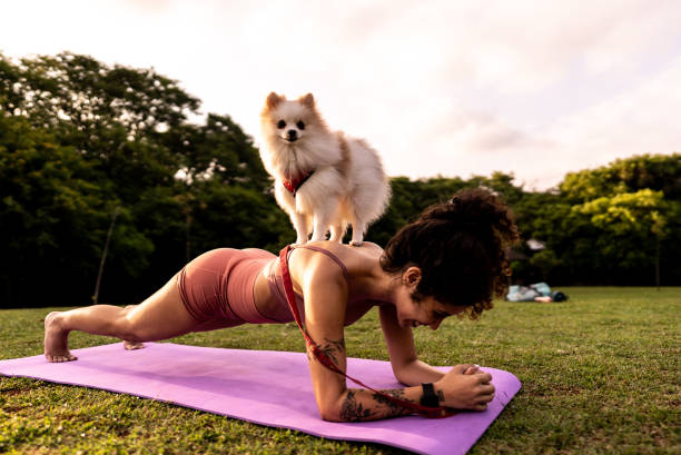 Young woman doing bridge exercise with dog on her back in a public park