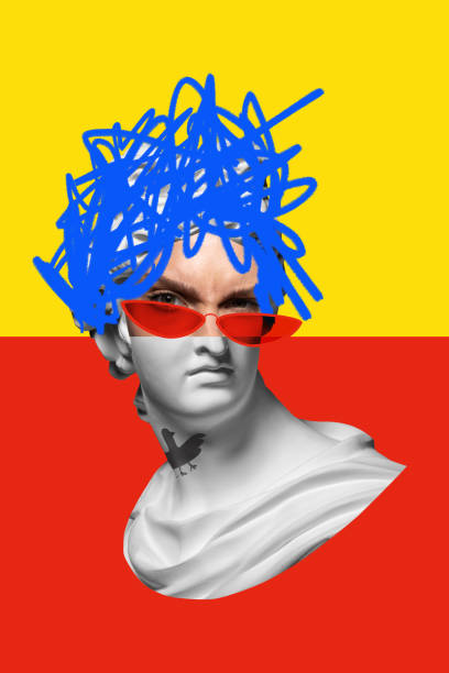 Antique statue sculpture bust with blue scribble hair, red sunglasses, set on yellow and red background. Contemporary art collage. Concept of modern art, creativity, inspiration. Colorful design.
