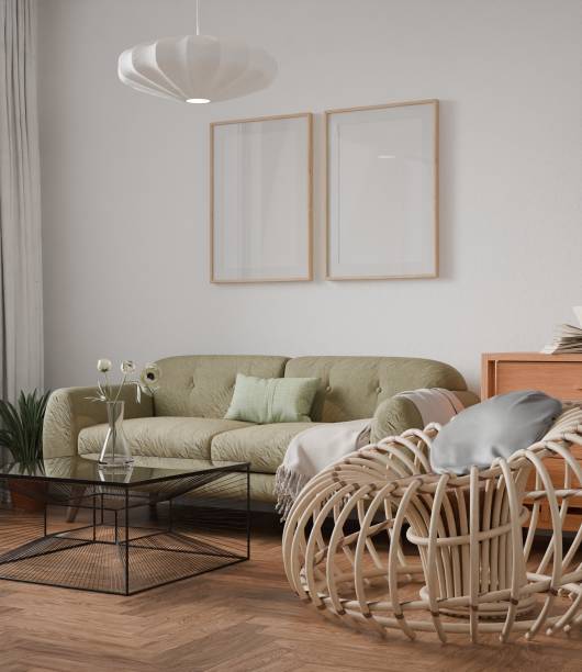 istock Interior living room mockup, two frame, poster empty in home design, interior design element mockup farm house mixed with modern style, blank frame 3d render 2185704318