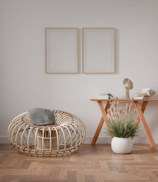 istock Interior living room mockup, two frame, poster empty in home design, interior design element mockup farm house style, blank frame 3d render 2185704320