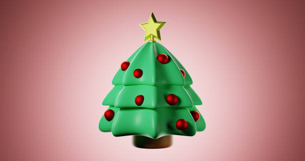 istock A green Christmas tree with red christmas balls and a star on top. Lowpoly 3d fluffy style 2185704410