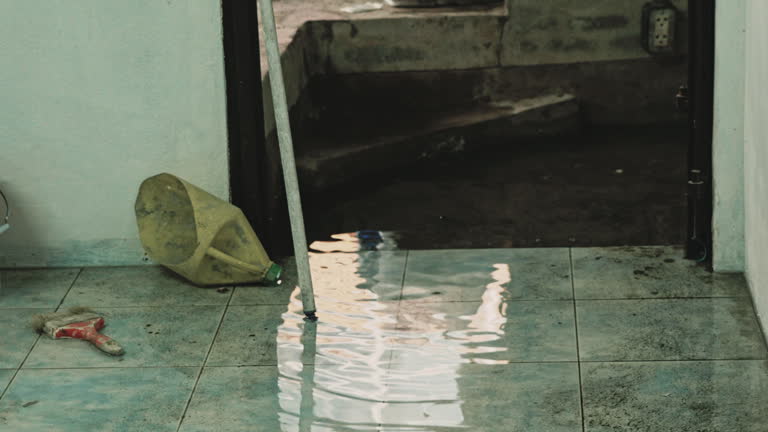 A room with a yellow hose coiled on the floor next to a wall, illustrating a water damage repair situation.
