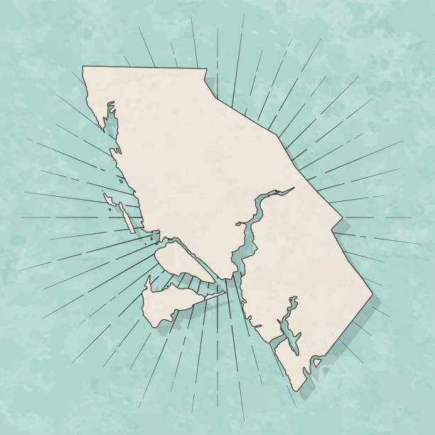 Map of Juneau - Alaska, in a trendy vintage style. Beautiful retro illustration with old textured paper and light rays in the background (colors used: blue, green, beige and black for the outline). Vector Illustration (EPS file, well layered and grouped). Easy to edit, manipulate, resize or colorize. Vector and Jpeg file of different sizes.