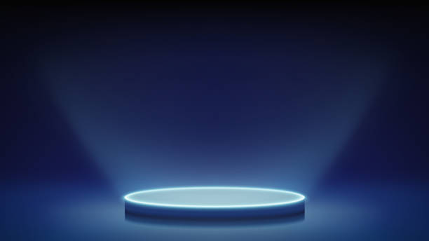 istock Futuristic blue dim stage, glowing podium. Blue room, round neon pedestal podium illuminating advertised product from below. Background. Displaying products, presentation. Showcase. Backdrop. Vector 2185706578
