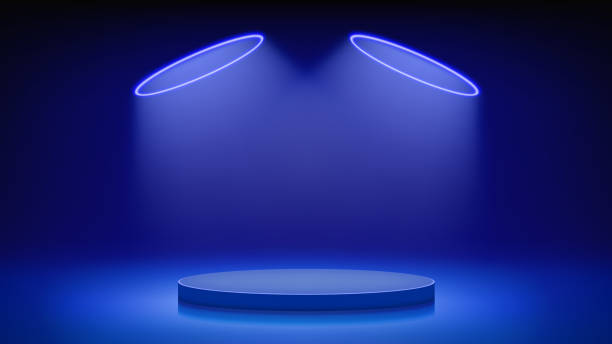 istock Futuristic blue stage, podium. Blue room with round podium pedestal illuminated by circular neon, led halo. Background for displaying products, presentation. Backdrop. Showcase. Vector illustration 2185706661
