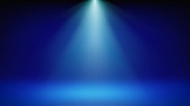 illustrations, cliparts, dessins animés et icônes de spotlight fond de scène bleu. studio intérieur minimaliste éclairé par un projecteur cyan. toile de fond pour l’affichage des produits, la présentation, la publicité. vitrine. illustration vectorielle - projecteur
