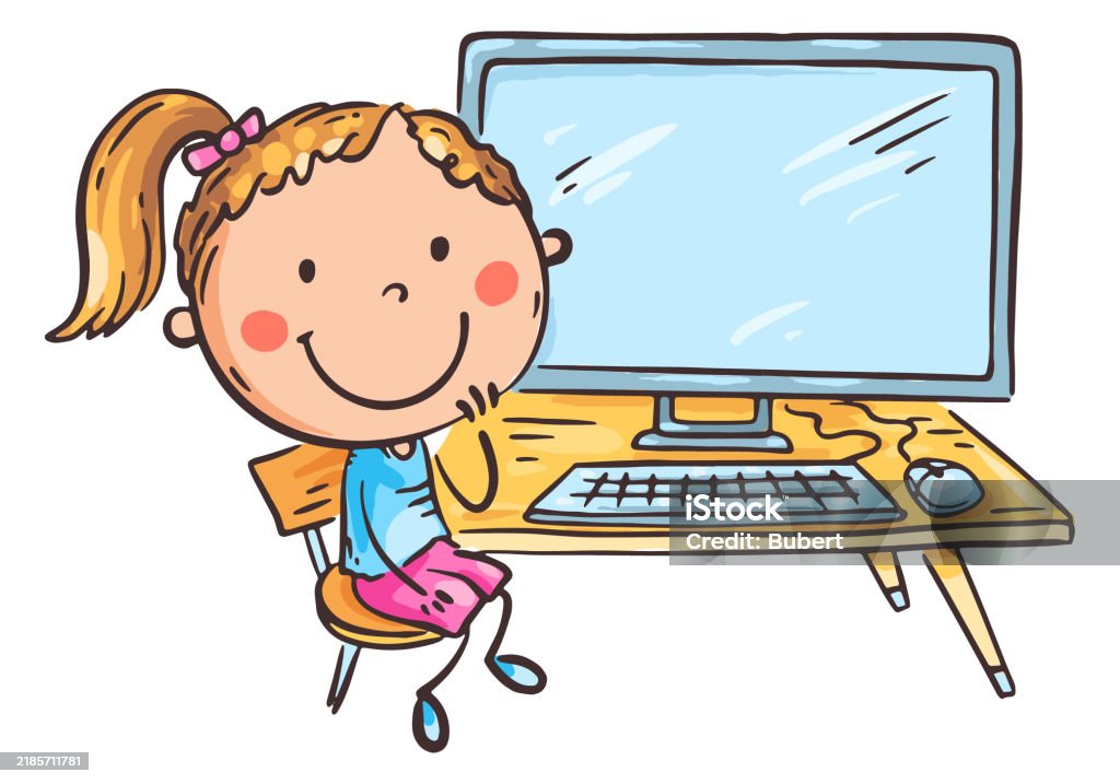 Cartoon Girl Working And Studying Using Desctop Computer Doodle Child ...
