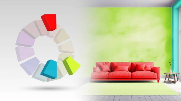 istock Split complementary color scheme of blue green,red,yellow green for living interior 2185712859
