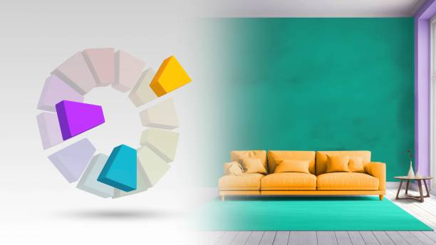 istock Split complementary color scheme of blue violet,orange,blue green for living interior 2185712875