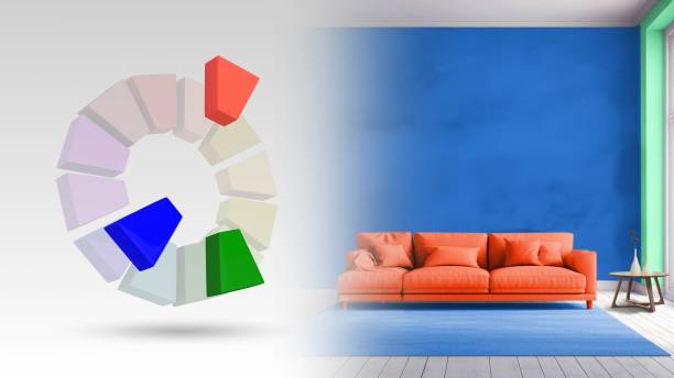istock Split complementary color scheme of blue,red orange,green for living interior 2185712893