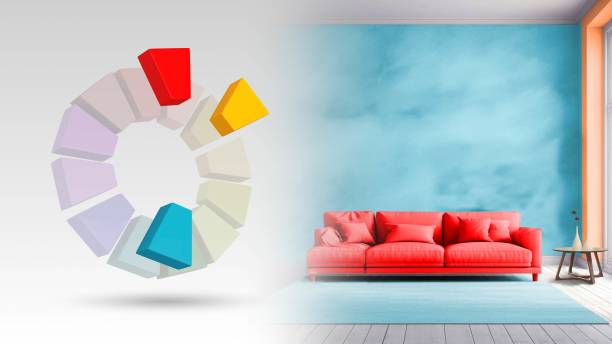 istock Split complementary color scheme of orange,blue green,red for living interior 2185712914