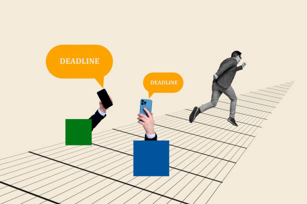 istock Collage picture image of funky man running hurrying work deadline schedule isolated on drawing background 2185712979
