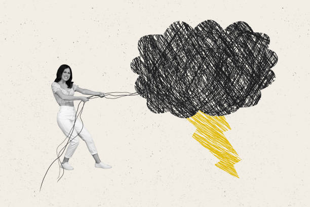 istock Illustration artwork collage of funny girl hardworking pulls large hand drawn cloud thunder stormy weather isolated on beige background 2185713518