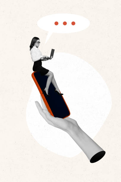 istock Vertical collage template of young business lady sits on smartphone receive sms from customers using netbook isolated on white background 2185713530