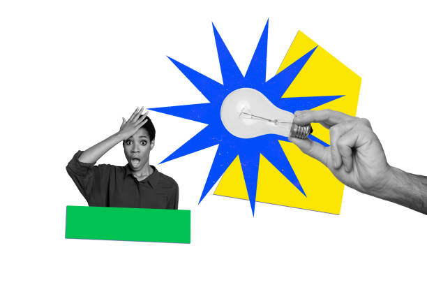 Image collage picture of huge human arm hold bright lamp solution idea plan concept isolated on drawing colorful background
