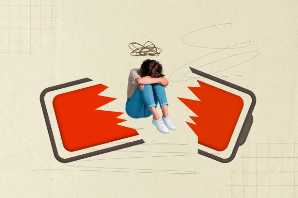 istock Composite collage of mini devastated black white effect girl sit between broken battery health indicator isolated on drawing paper background 2185714800